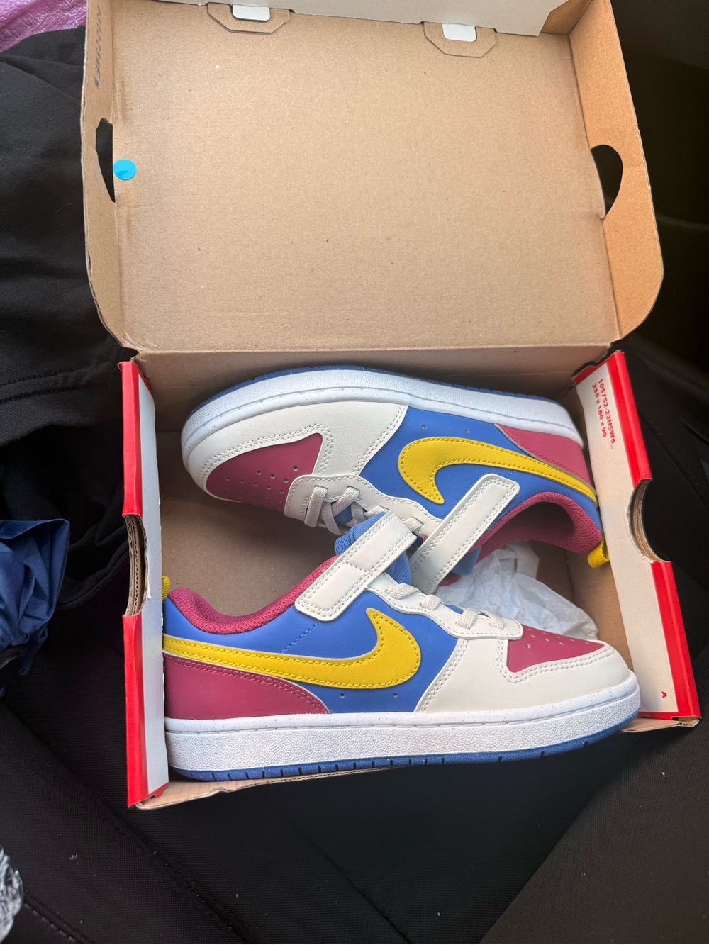 Nike Kids Low-Top Velcro Sneakers in White, Blue, Pink & Yellow